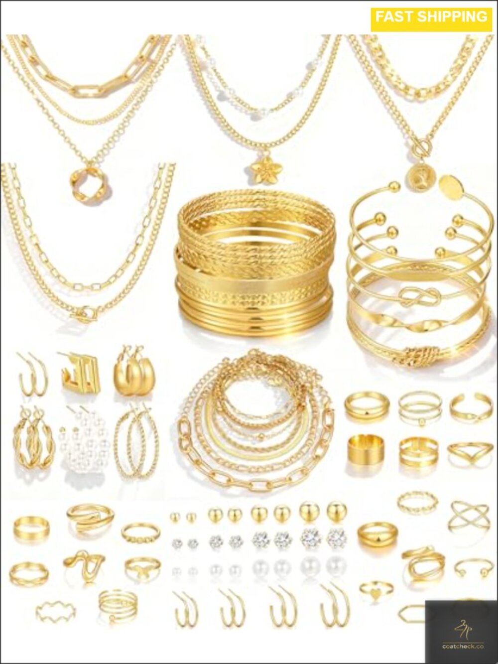 78-Piece Gold Plated Jewelry Set 9 Necklaces 24 Bracelets 22 Earrings 23 Rings
